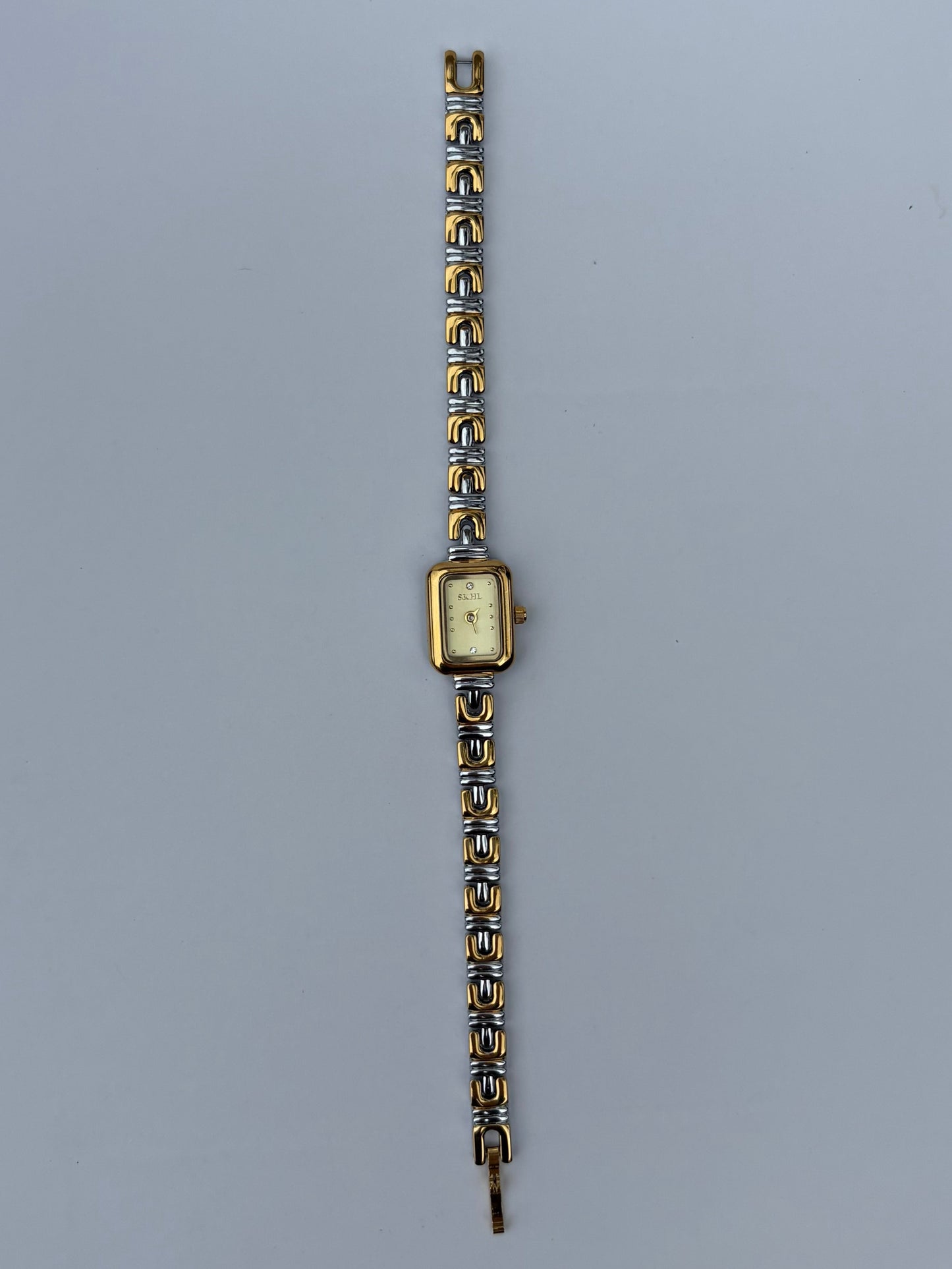 Vintage Inspired Two Toned Silver/Gold Rectangle Dainty Women Watch Small Face
