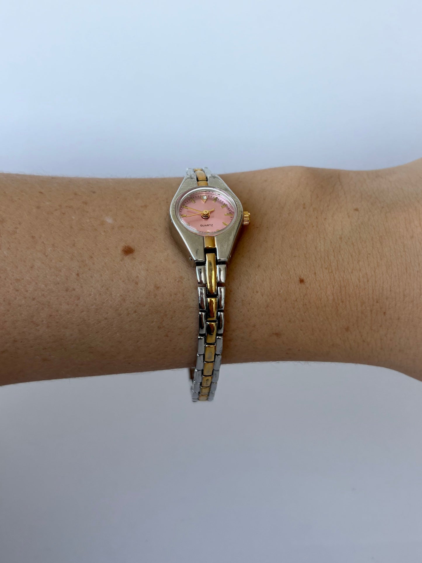Rare Vintage Small Dainty Pink Dial Two Toned Gold & Silver Womens Watch