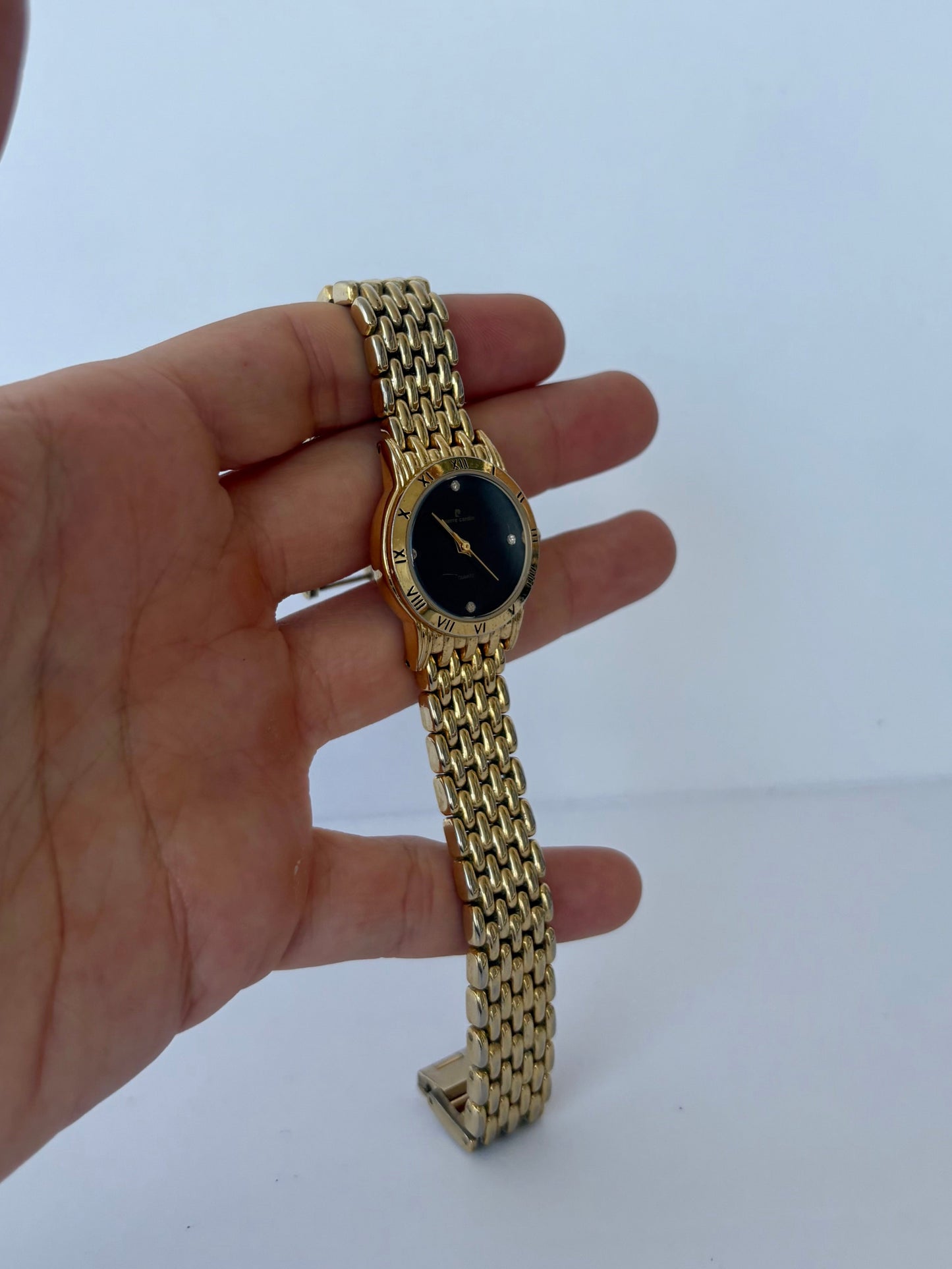 Rare Vintage Black Dial Gold Toned Womens Watch Pierre Cardin