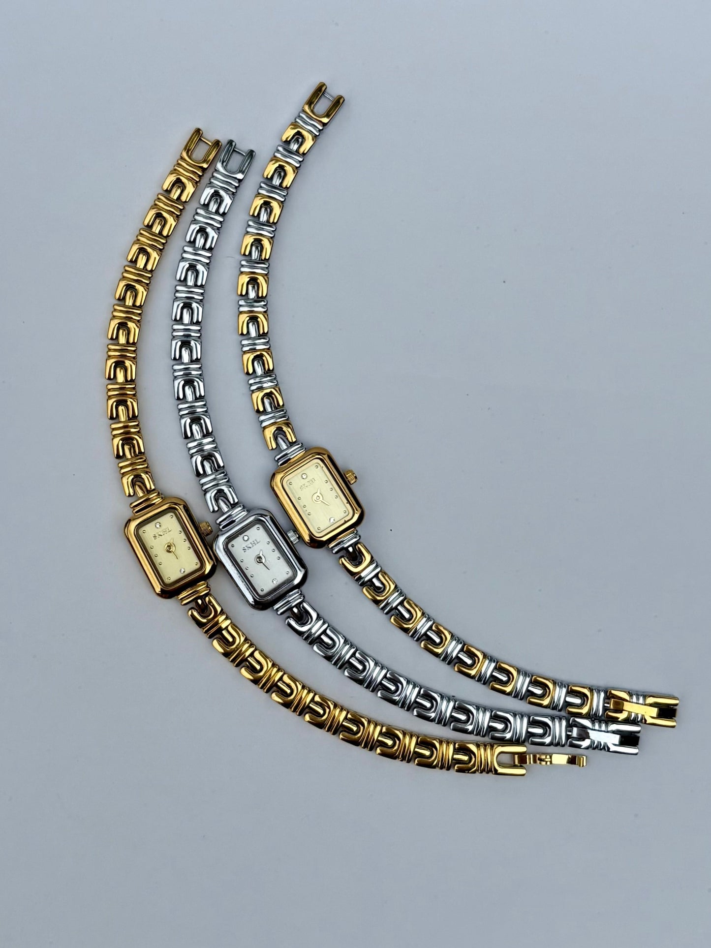 Vintage Inspired Two Toned Silver/Gold Rectangle Dainty Women Watch Small Face
