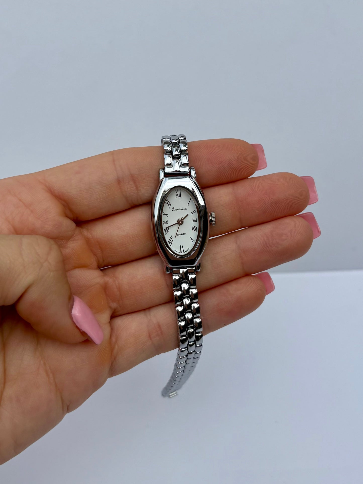 Oval White Vintage Minimalist Silver Womens Watch Small Face