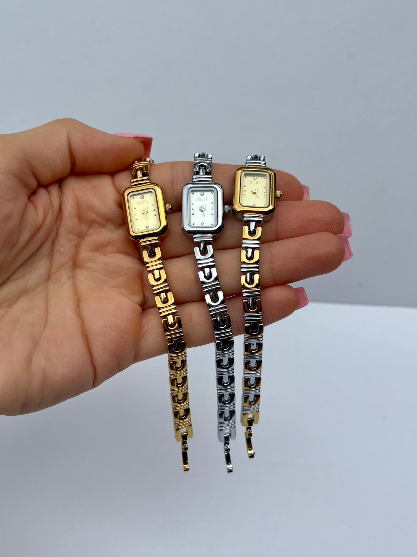 Vintage Inspired Two Toned Silver/Gold Rectangle Dainty Women Watch Small Face