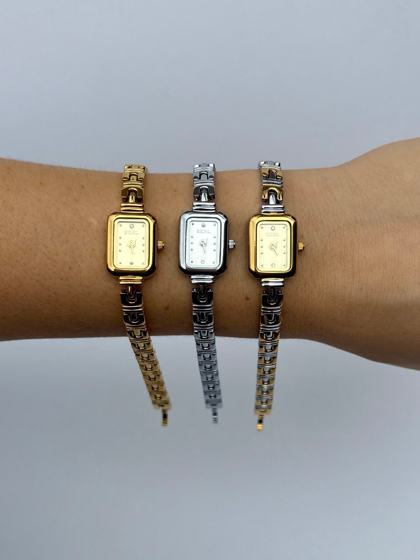Vintage Inspired Two Toned Silver/Gold Rectangle Dainty Women Watch Small Face