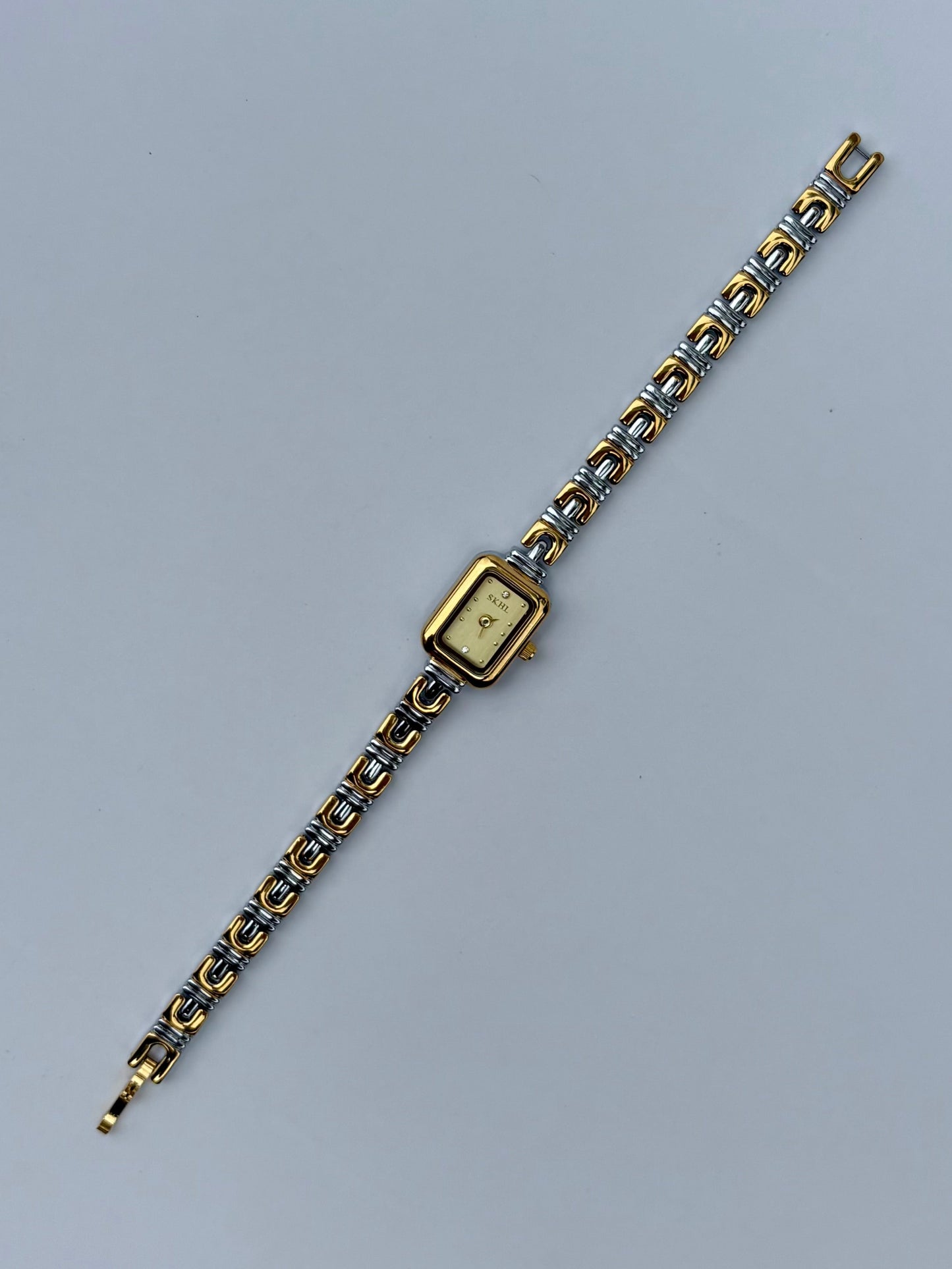 Vintage Inspired Two Toned Silver/Gold Rectangle Dainty Women Watch Small Face