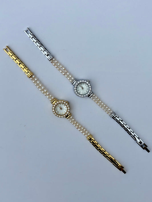 Vintage Gold/Silver Plated Precious 2 Pearl Womens Watch Small Face