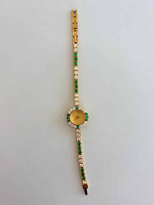 Dainty Crystal Green Womens Vintage Quartz Watch Wristwatch Gold tone