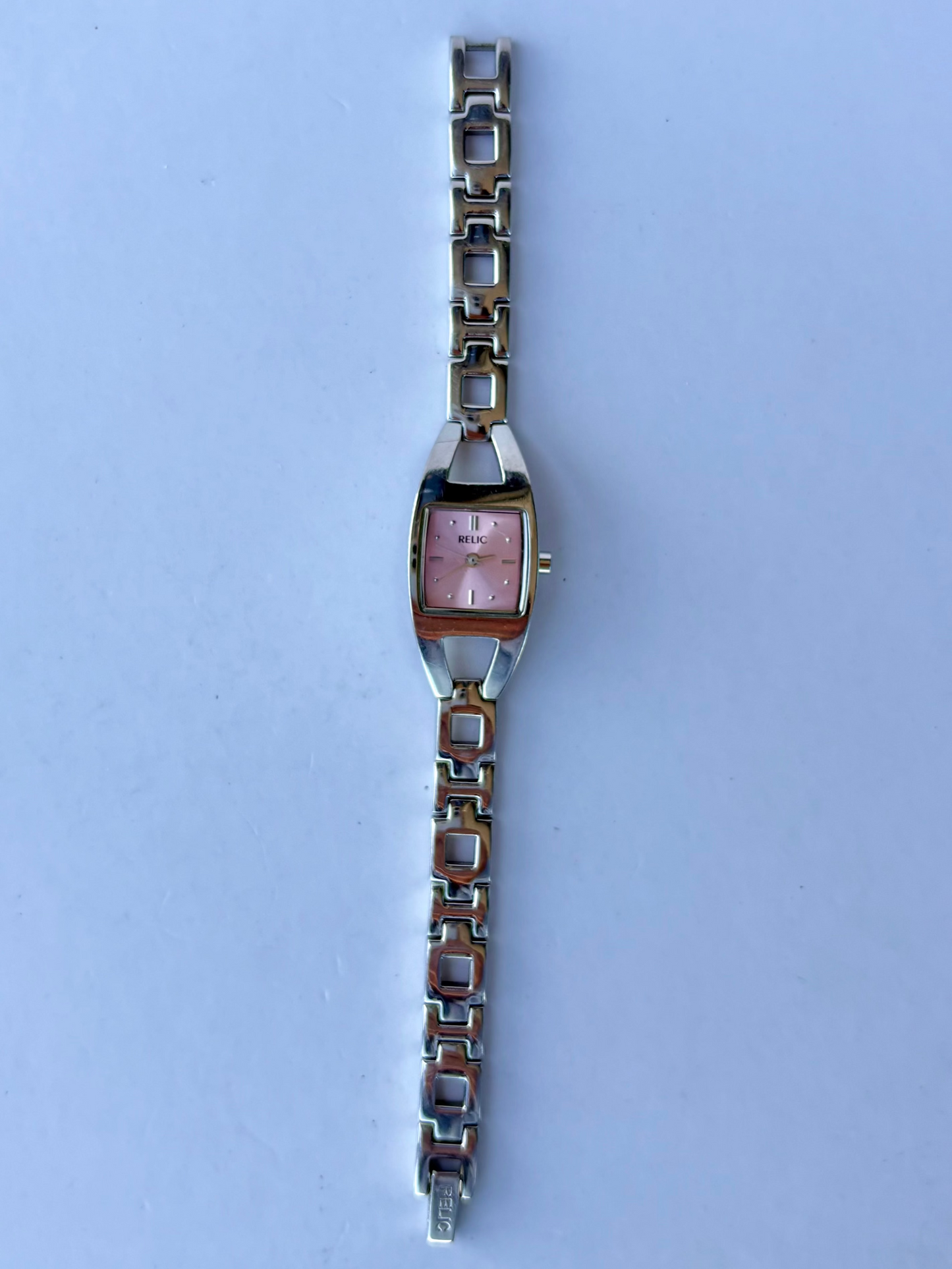 Rare Vintage Silver Toned Pink Face Womens Watch