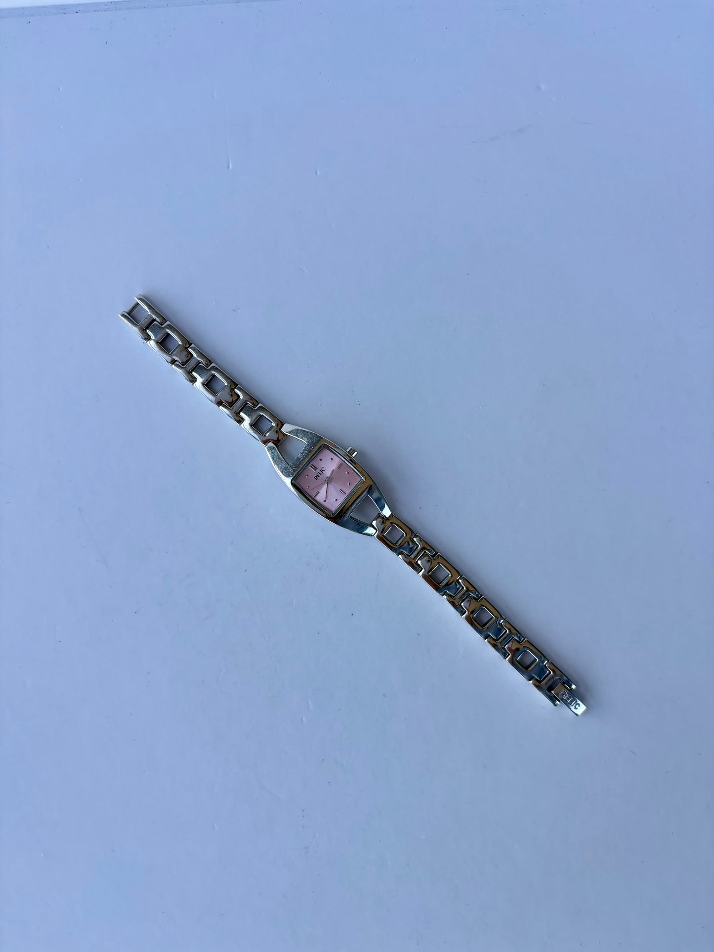 Rare Vintage Silver Toned Pink Face Womens Watch