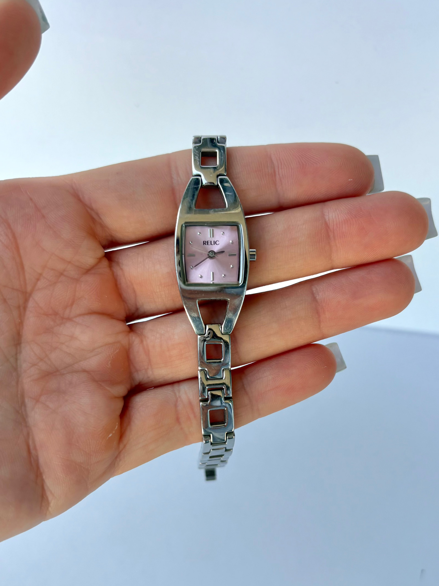 Rare Vintage Silver Toned Pink Face Womens Watch