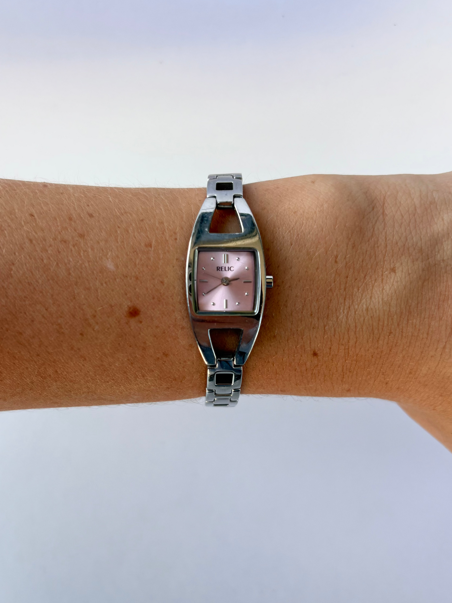 Rare Vintage Silver Toned Pink Face Womens Watch