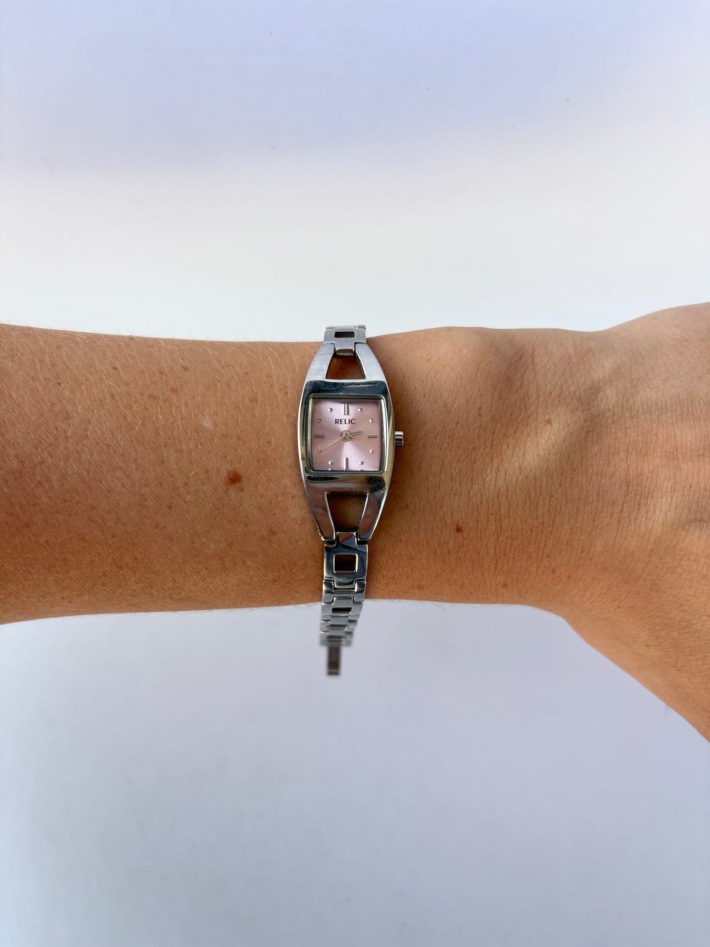 Rare Vintage Silver Toned Pink Face Womens Watch