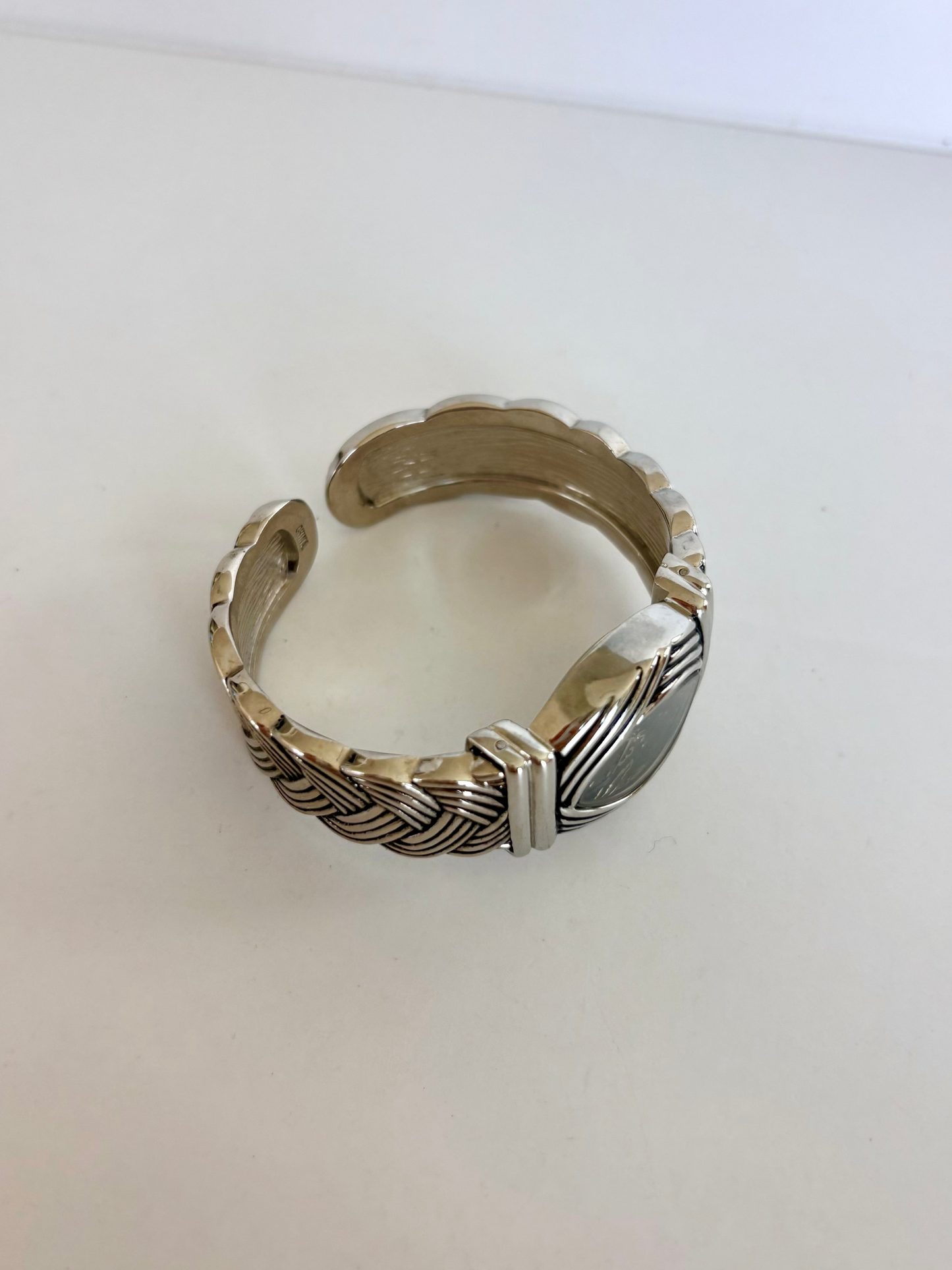 Rare Vintage Chunky Criss Cross Silver Womens Watch Black Dial
