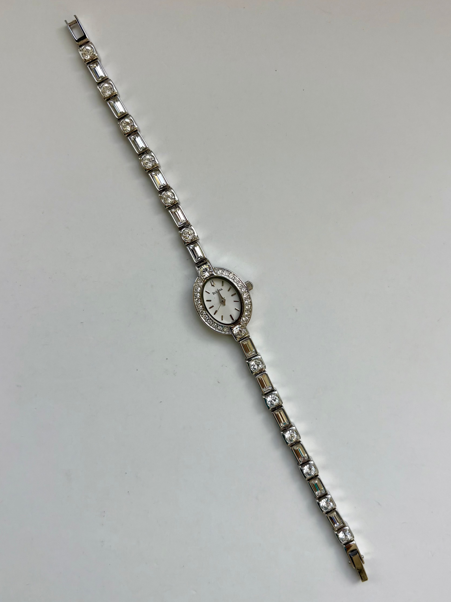 Rare Vintage Bulova Oval Diamond Silver Toned Womens Watch