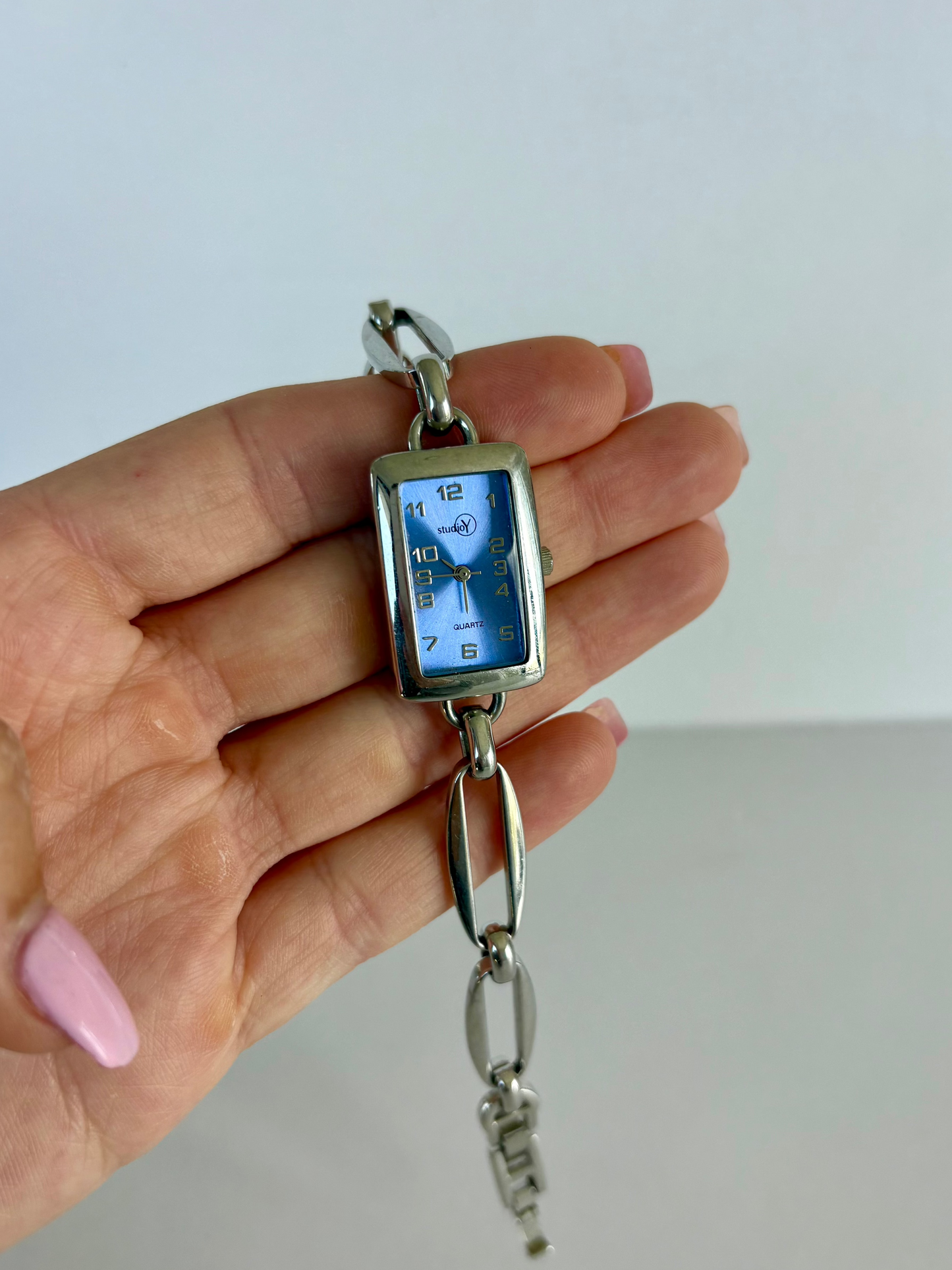 Rare Vintage Rectangle Blue Dial Dainty Silver Watch