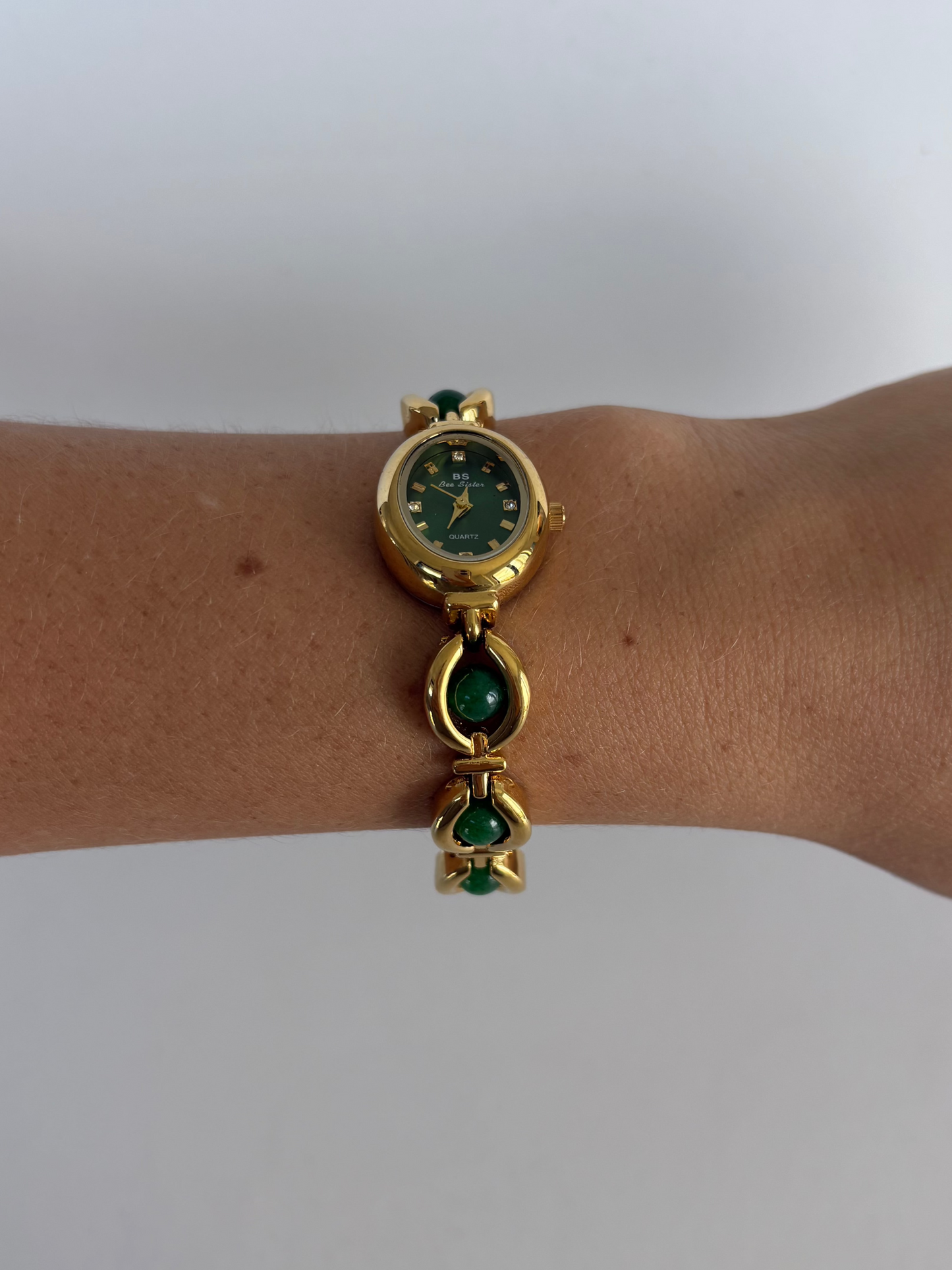 Vintage Pearl Drop Green Gold Womens Watch Dainty Small Face
