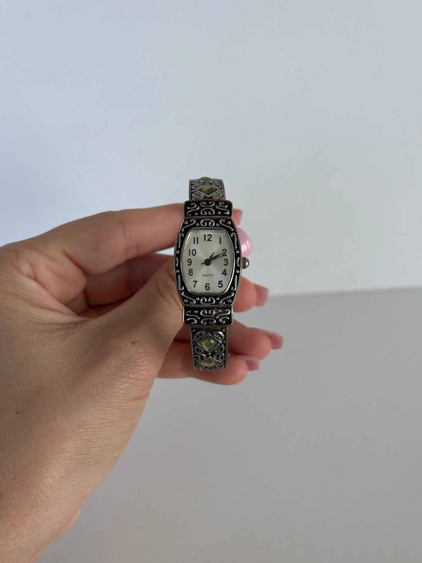 Rare Vintage Green & Black Detail Silver Watch