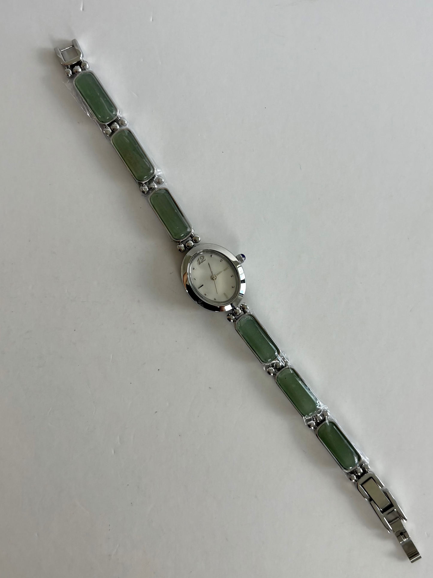 Dainty Vintage Silver Face Jade Detail Womens Watch Small Face