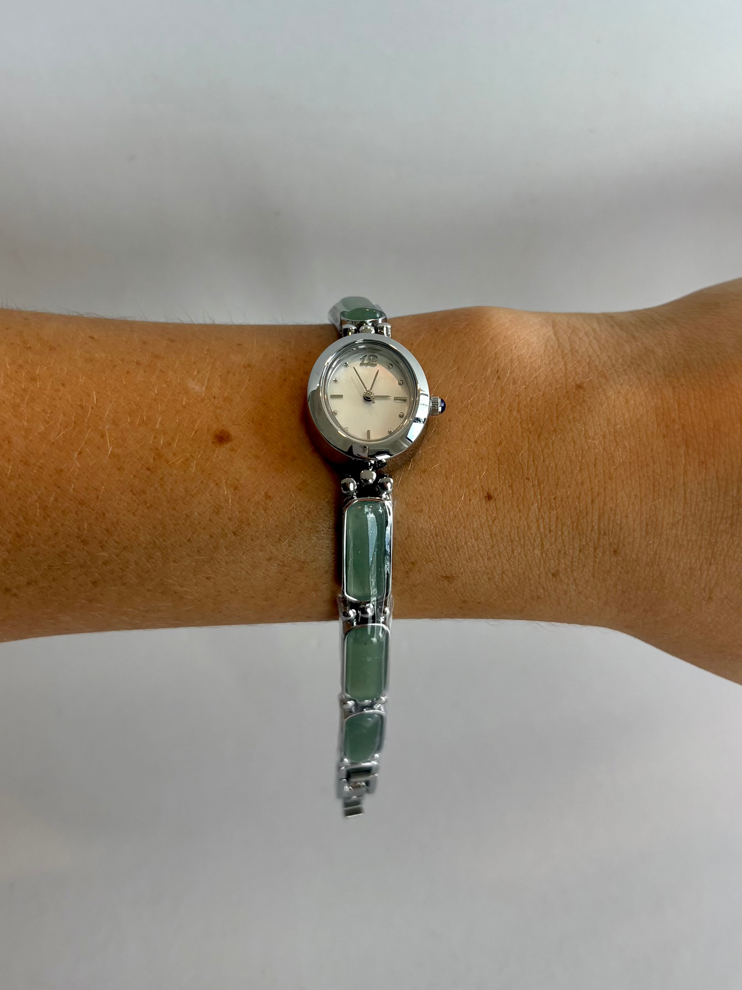 Dainty Vintage Silver Face Jade Detail Womens Watch Small Face