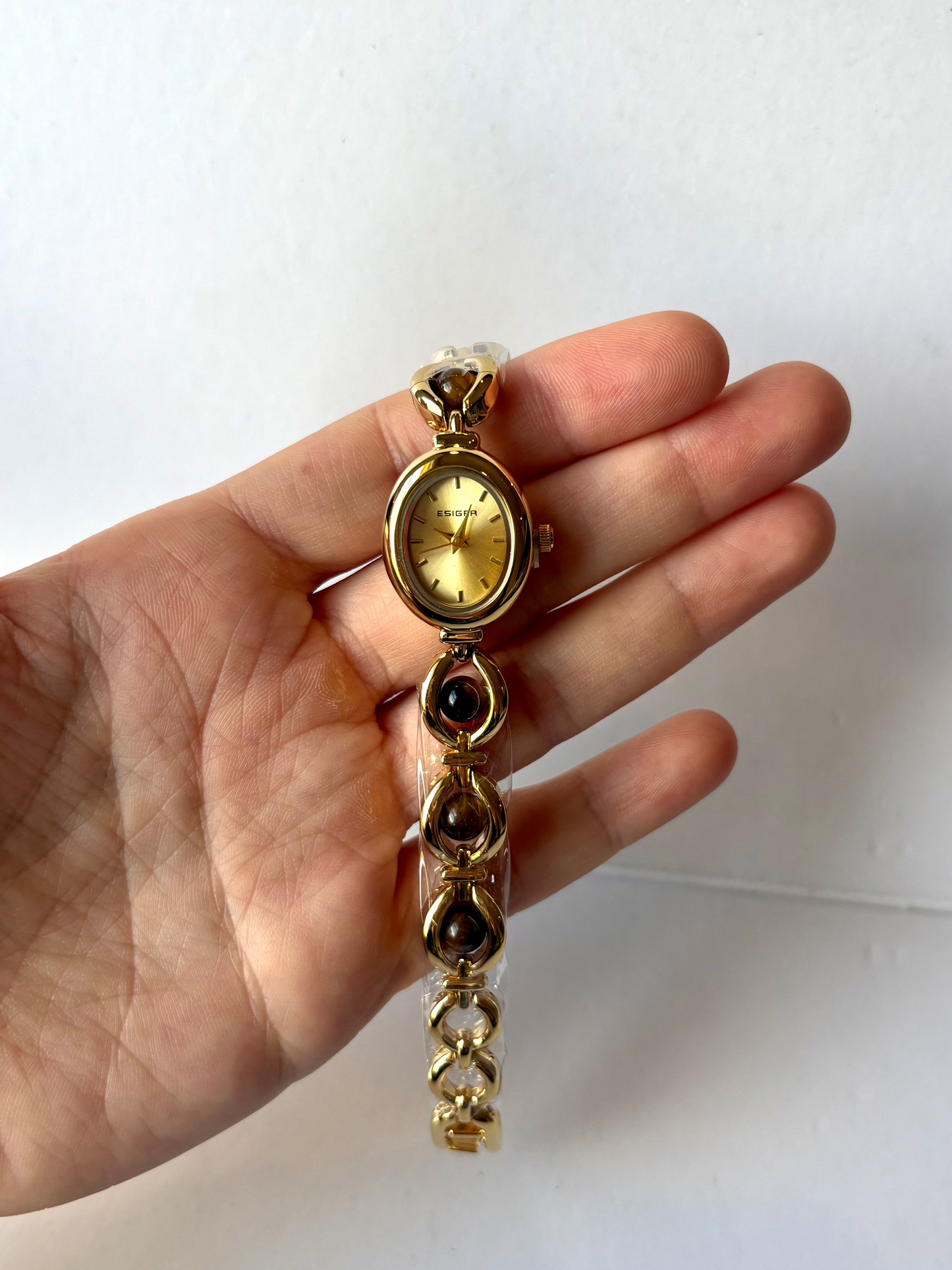 Vintage Pearl Drop Brown Gold Womens Watch Dainty Small Face