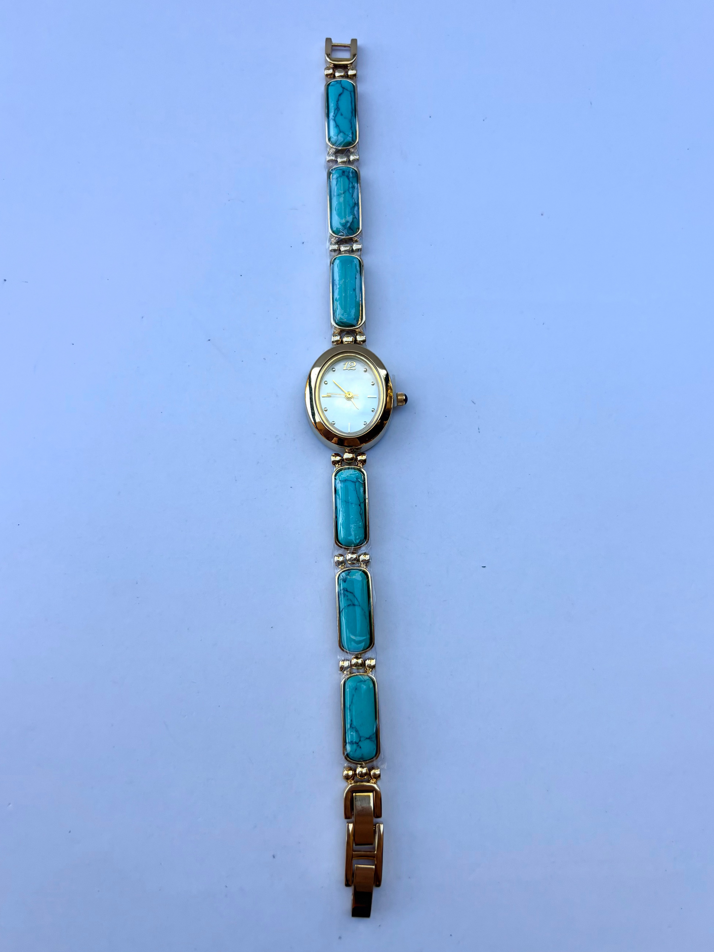 Vintage Light Blue Stone Bloom Gold Womens Watch Dainty Small Face