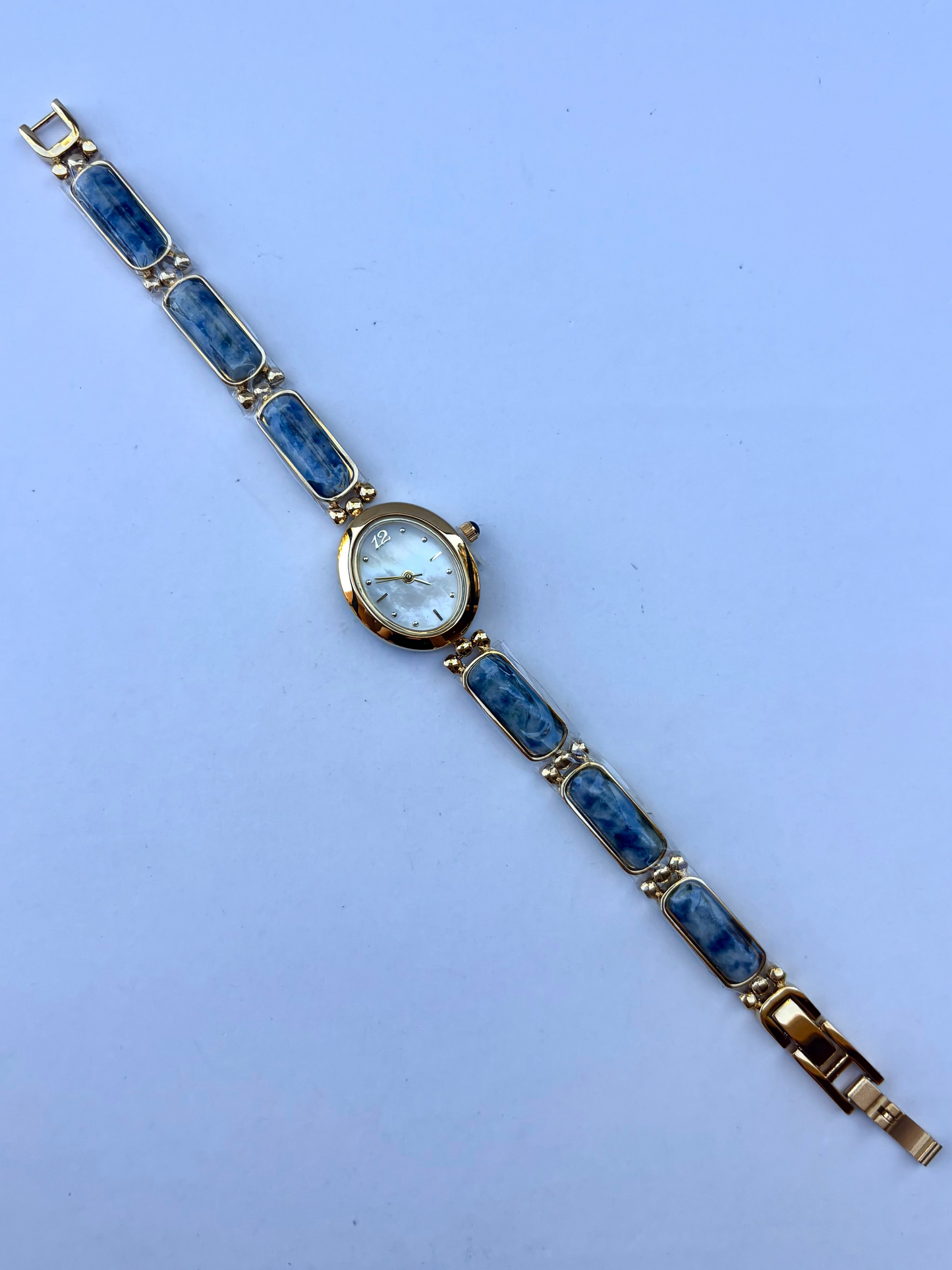 Vintage Dark Blue Stone Bloom Gold Womens Watch Dainty Small Face