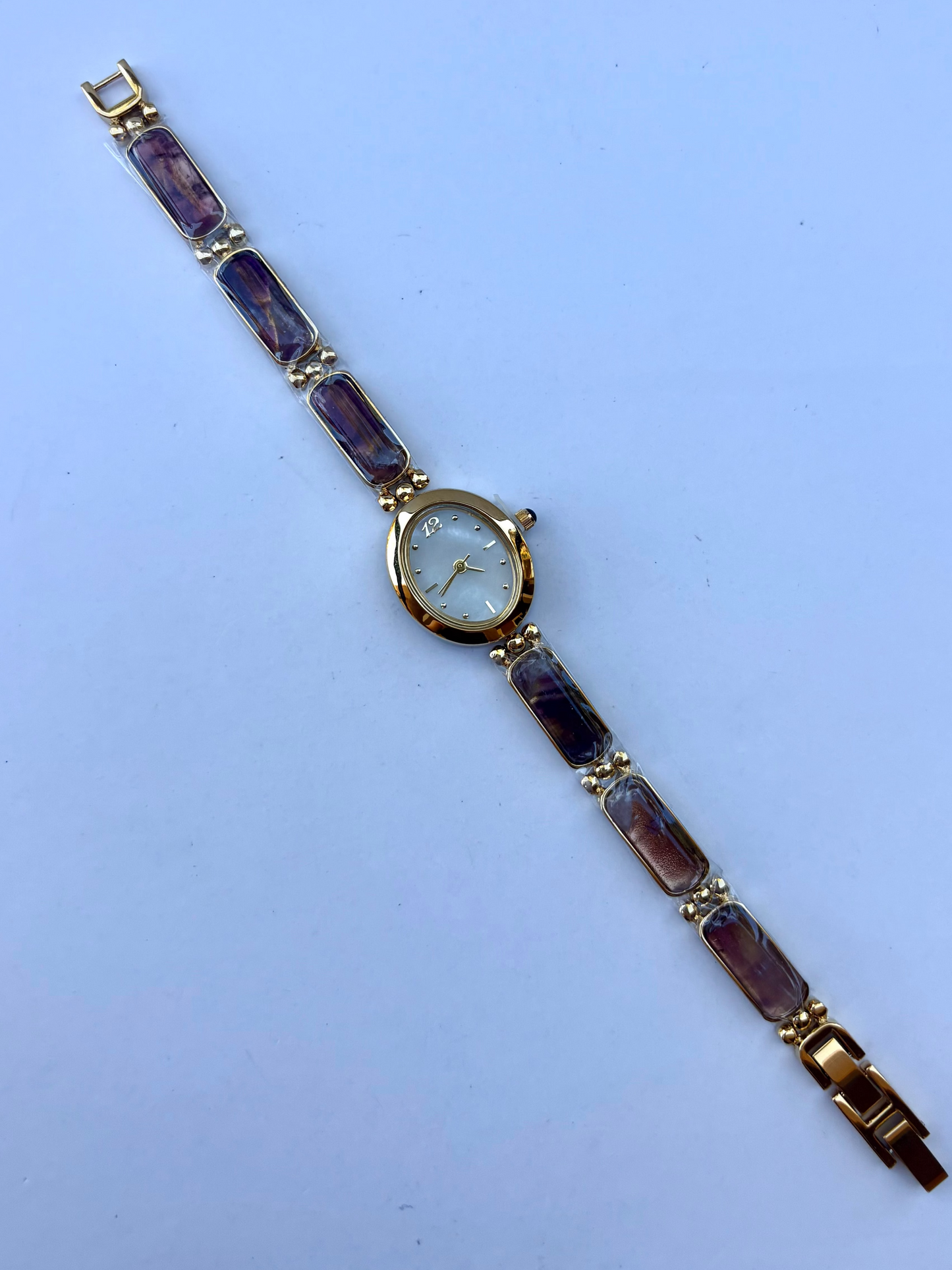 Vintage Purple Stone Bloom Gold Womens Watch Dainty Small Face