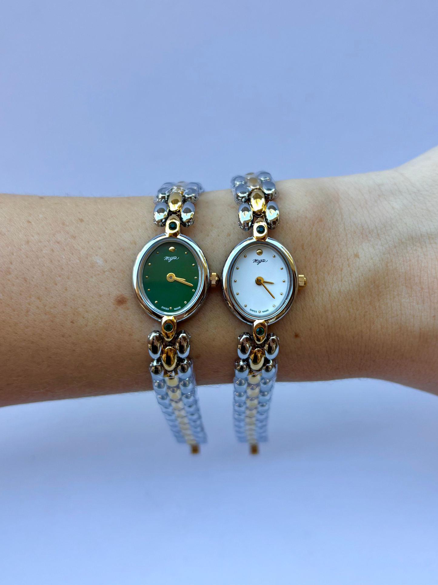 Vintage Classy Green Detail Silver & Gold Two Toned Womens Watch