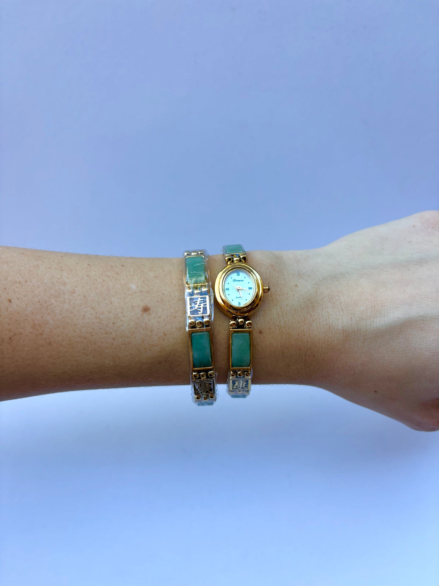 Dainty Vintage White Face Jade Bracelet & Gold Womens Watch