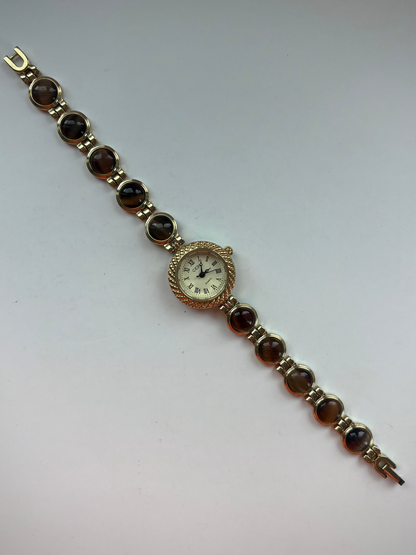 Dainty Vintage Minimalist Gold Brown Stone Womens Watch Small Face