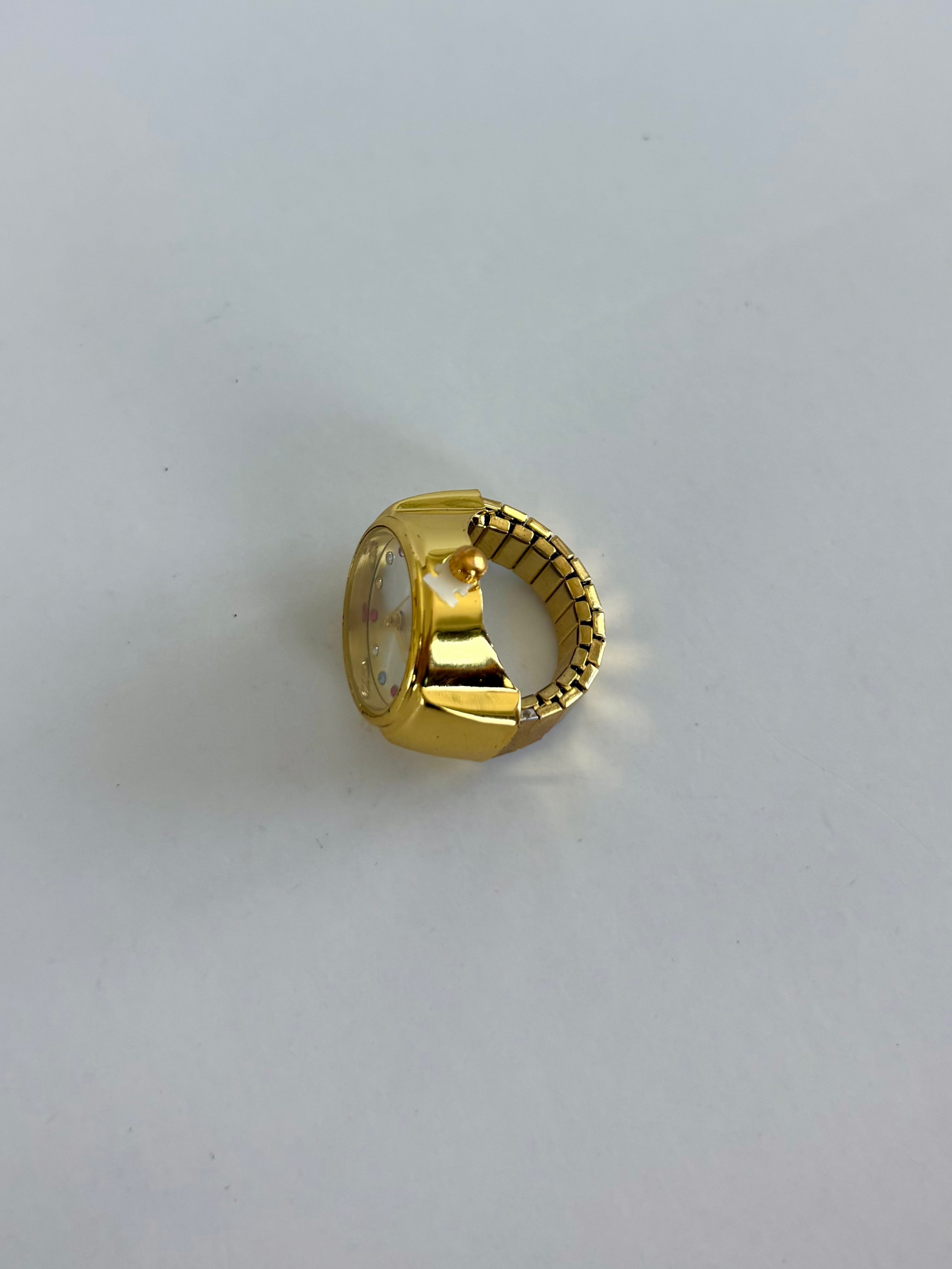Colorful Diamond Round Dial Gold Finger Watch Stretchy Band Quartz Ring Watch