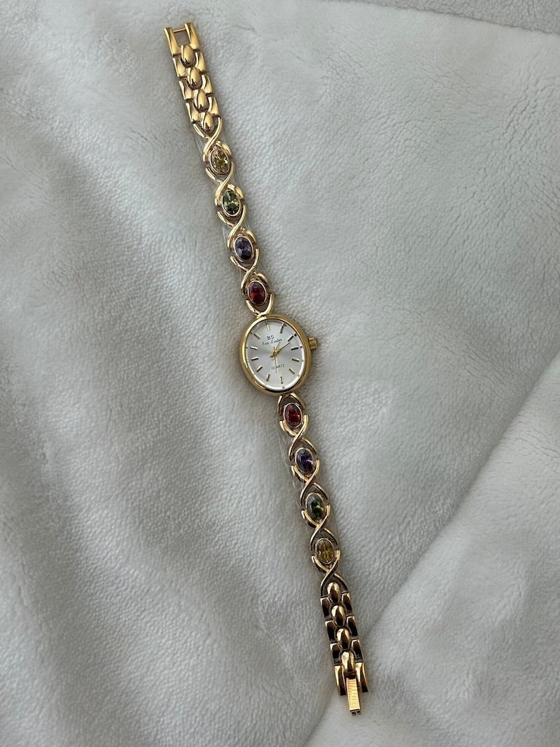 Vintage Colorful Diamond Gold Womens Watch Small Face
