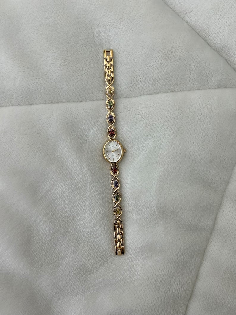 Vintage Colorful Diamond Gold Womens Watch Small Face