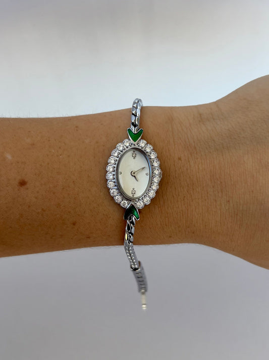 Fairy Green Womens Vintage Quartz Watch Wristwatch Silver Tone