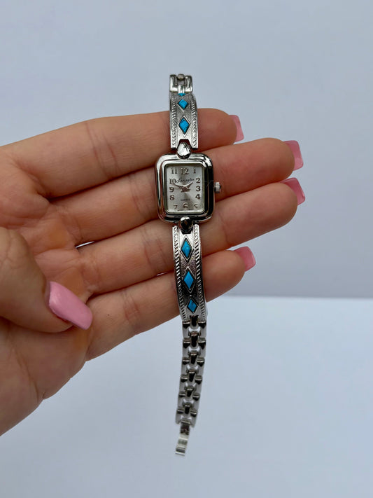 Rare Vintage Turquoise Silver Toned Dainty Womens Watch Wristwatch