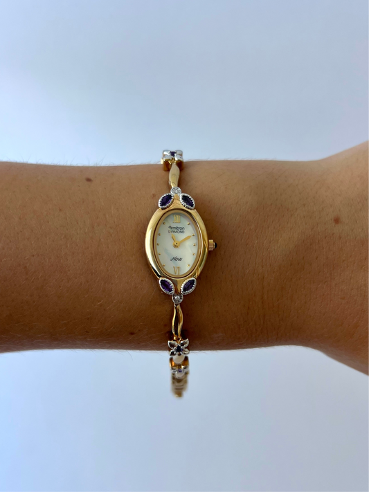 Rare Vintage Purple Flower Dainty Womens Watch Wristwatch Gold Tone