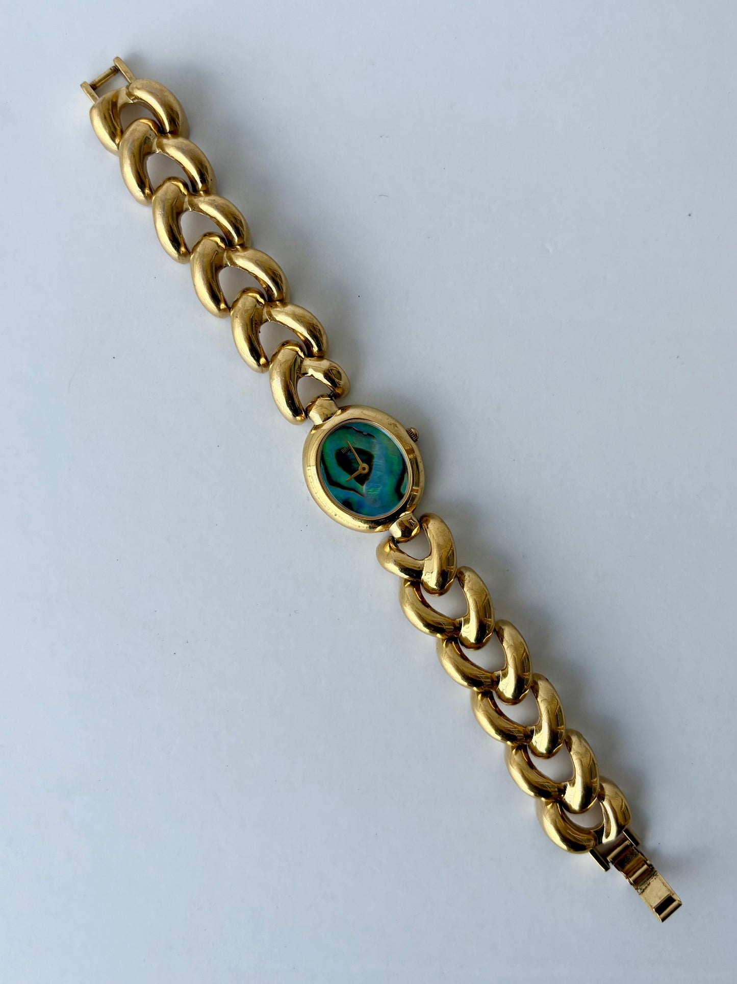 Rare Vintage Blue Face Chunky Links Gold Toned Womens Watch