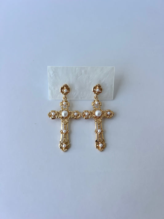 Gold Statement Earrings Dangling Pearl Cross