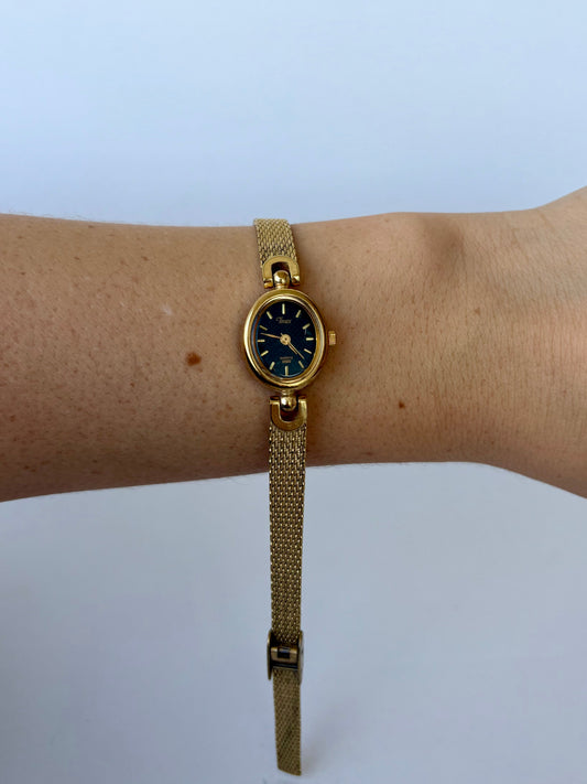 Rare Vintage Dainty Small Face Gold Watch with Black Dial