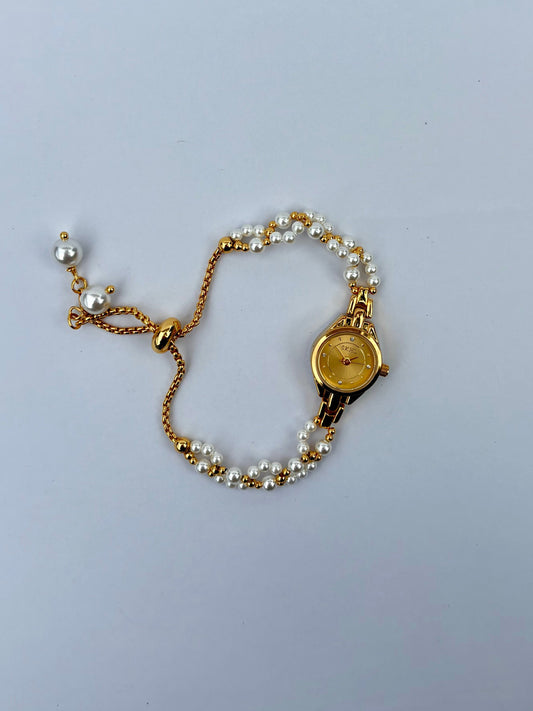 Vintage Lacey Gold Pearl Adjustable Womens Watch Small Face