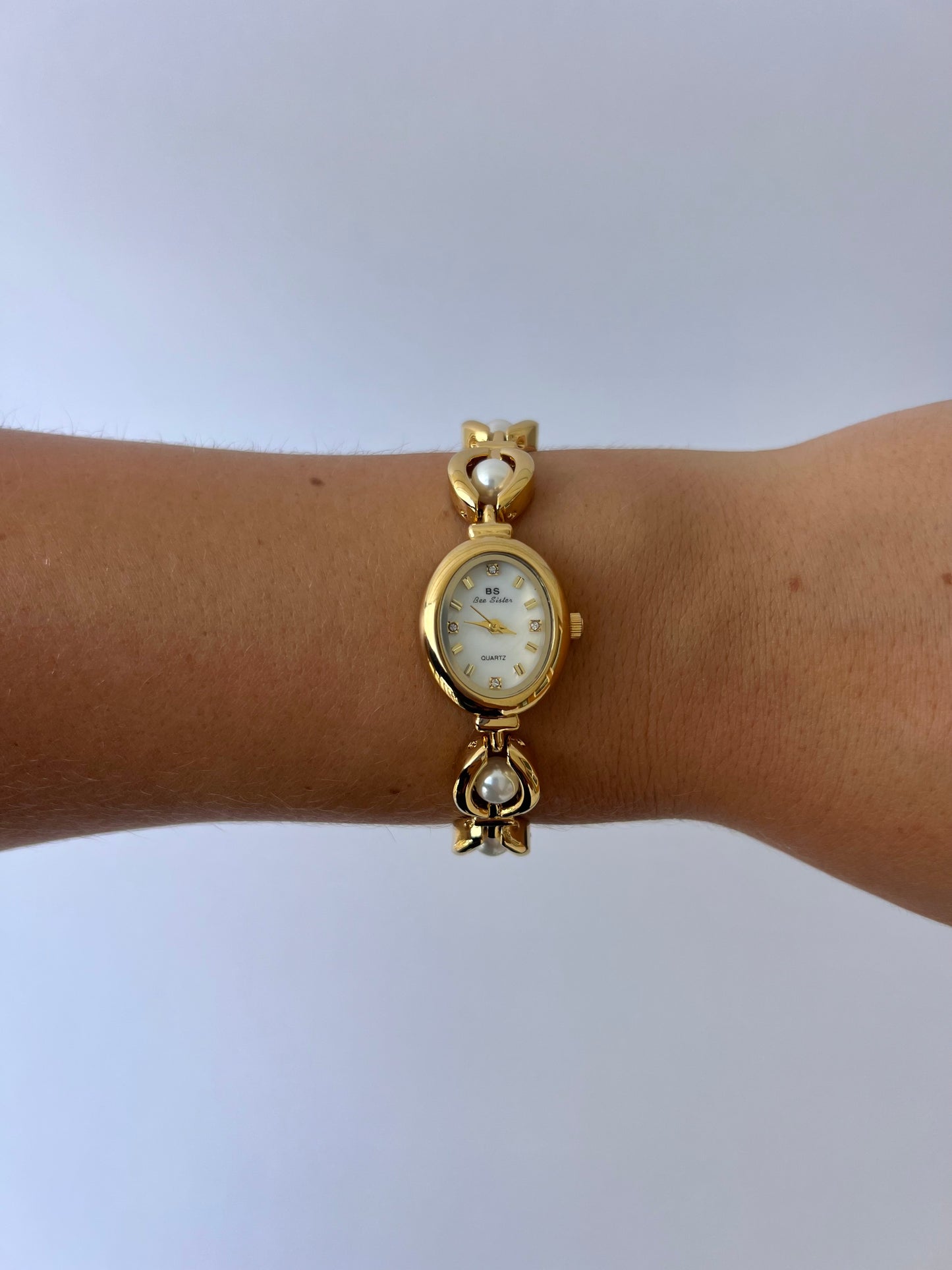 Vintage Pearl Drop Gold Womens Watch Dainty Small Face