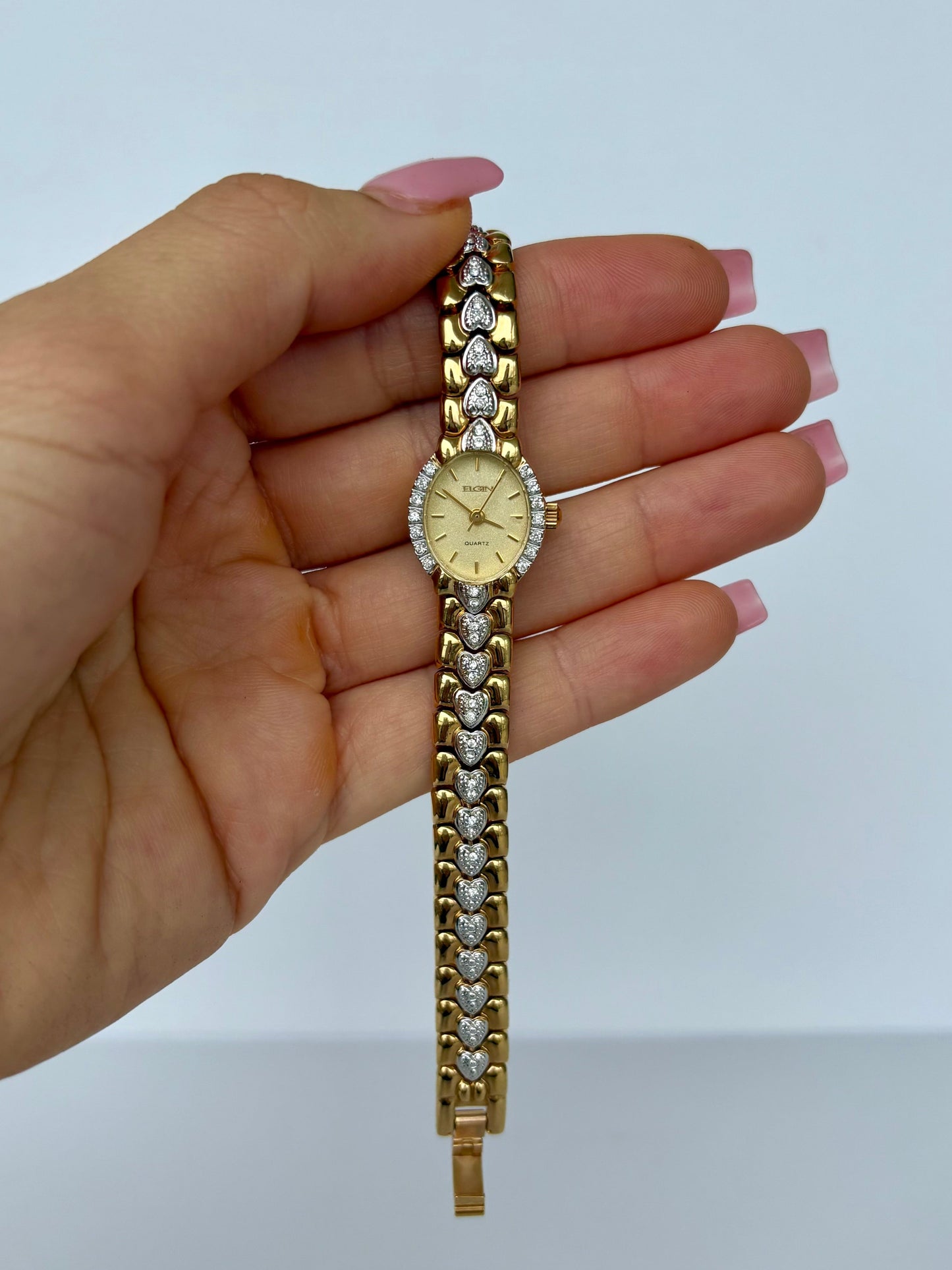 Rare Vintage Dainty Small Heart Womens Watch Wristwatch Two Toned Silver/Gold