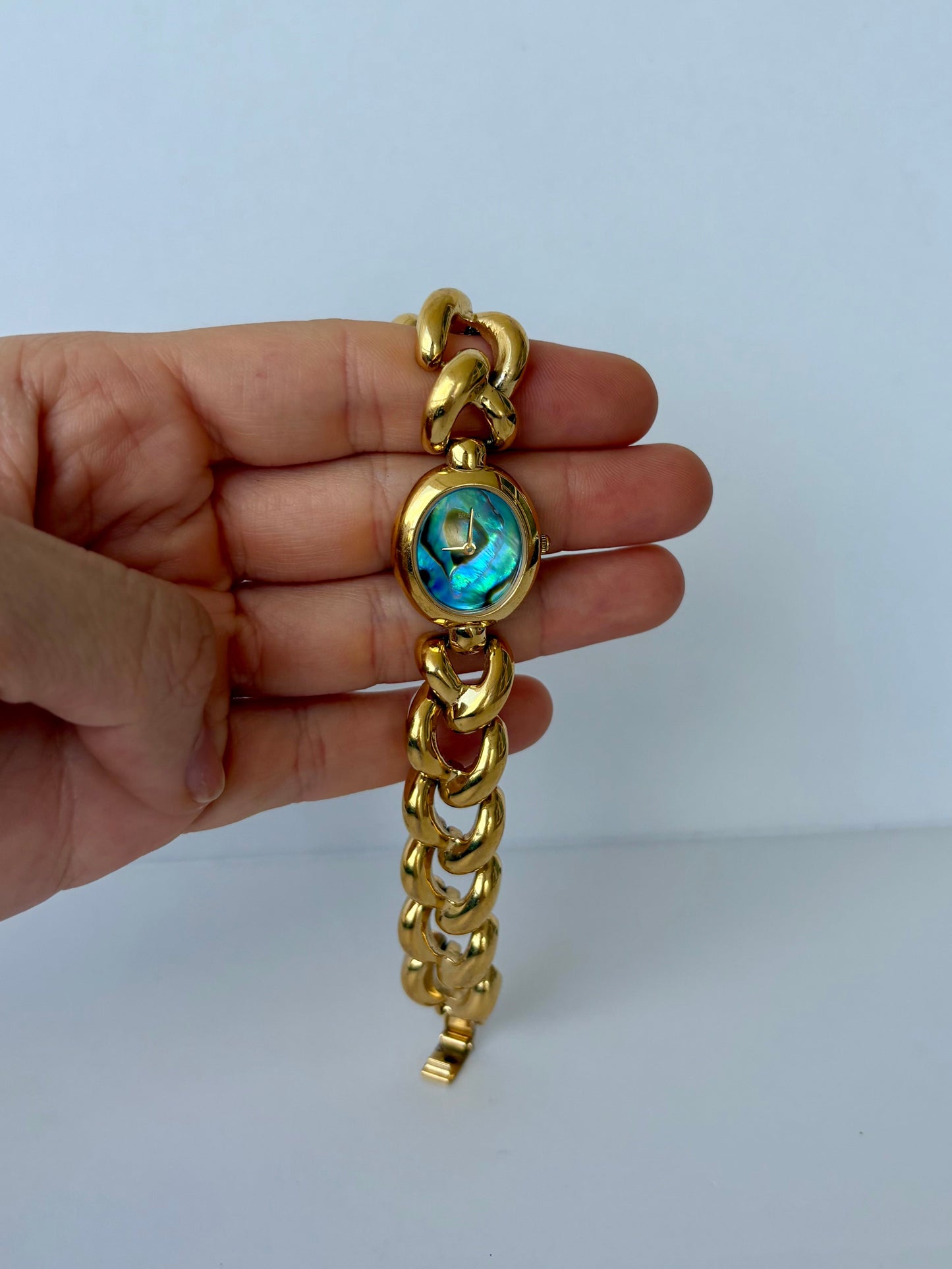 Rare Vintage Blue Face Chunky Links Gold Toned Womens Watch