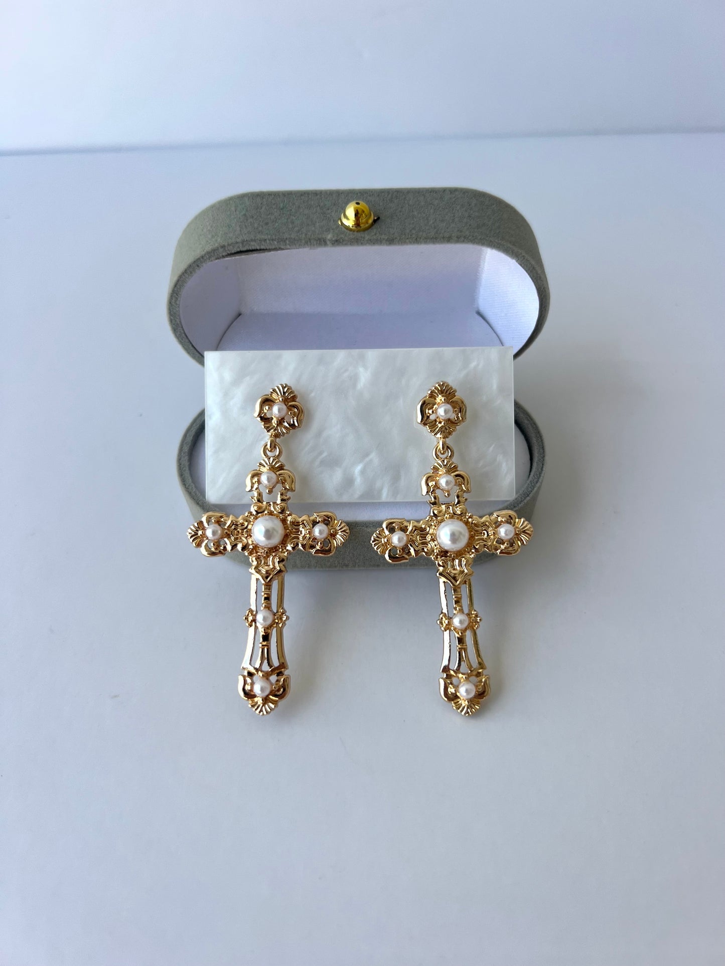 Gold Statement Earrings Dangling Pearl Cross