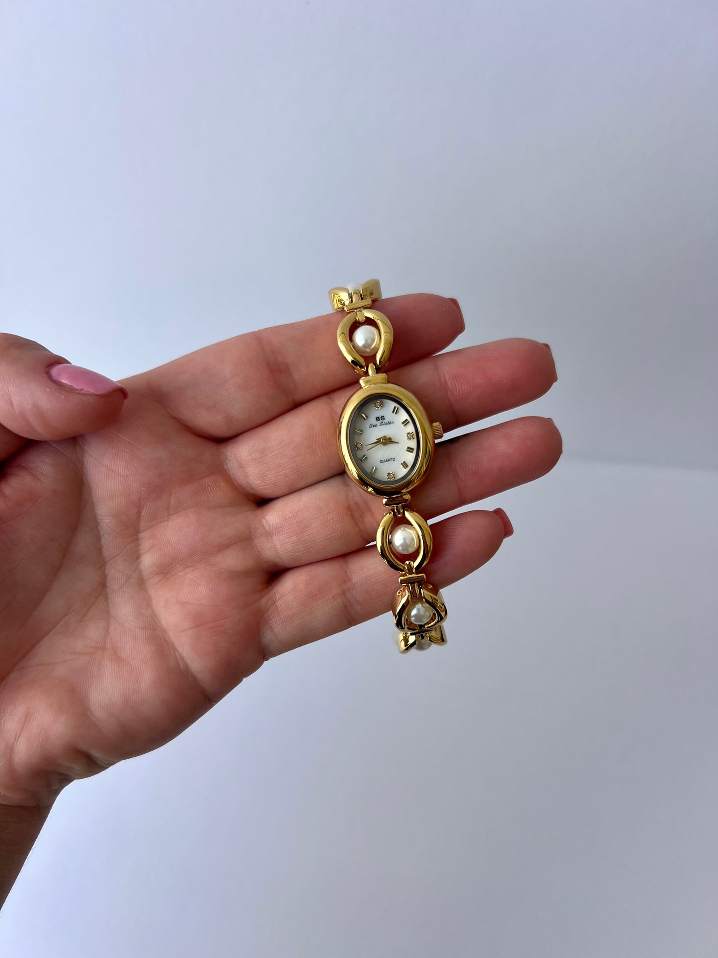 Vintage Pearl Drop Gold Womens Watch Dainty Small Face