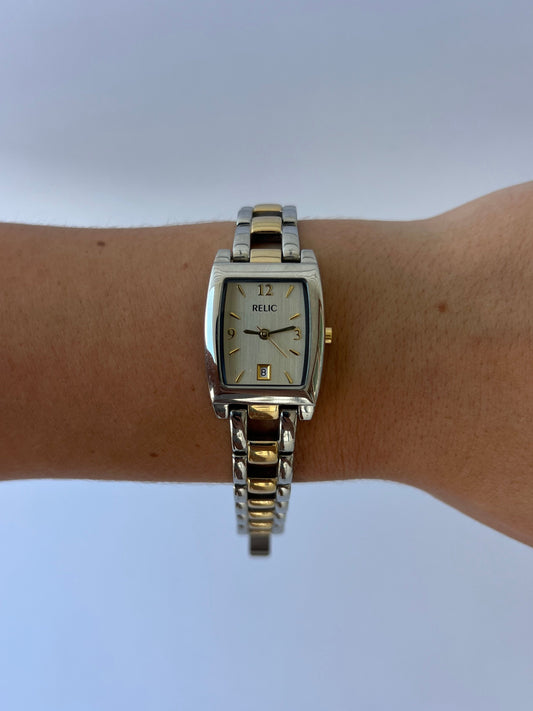 Rare Vintage Relic Rectangle Two Toned Gold/Silver Dainty Womens Watch Wristwatch