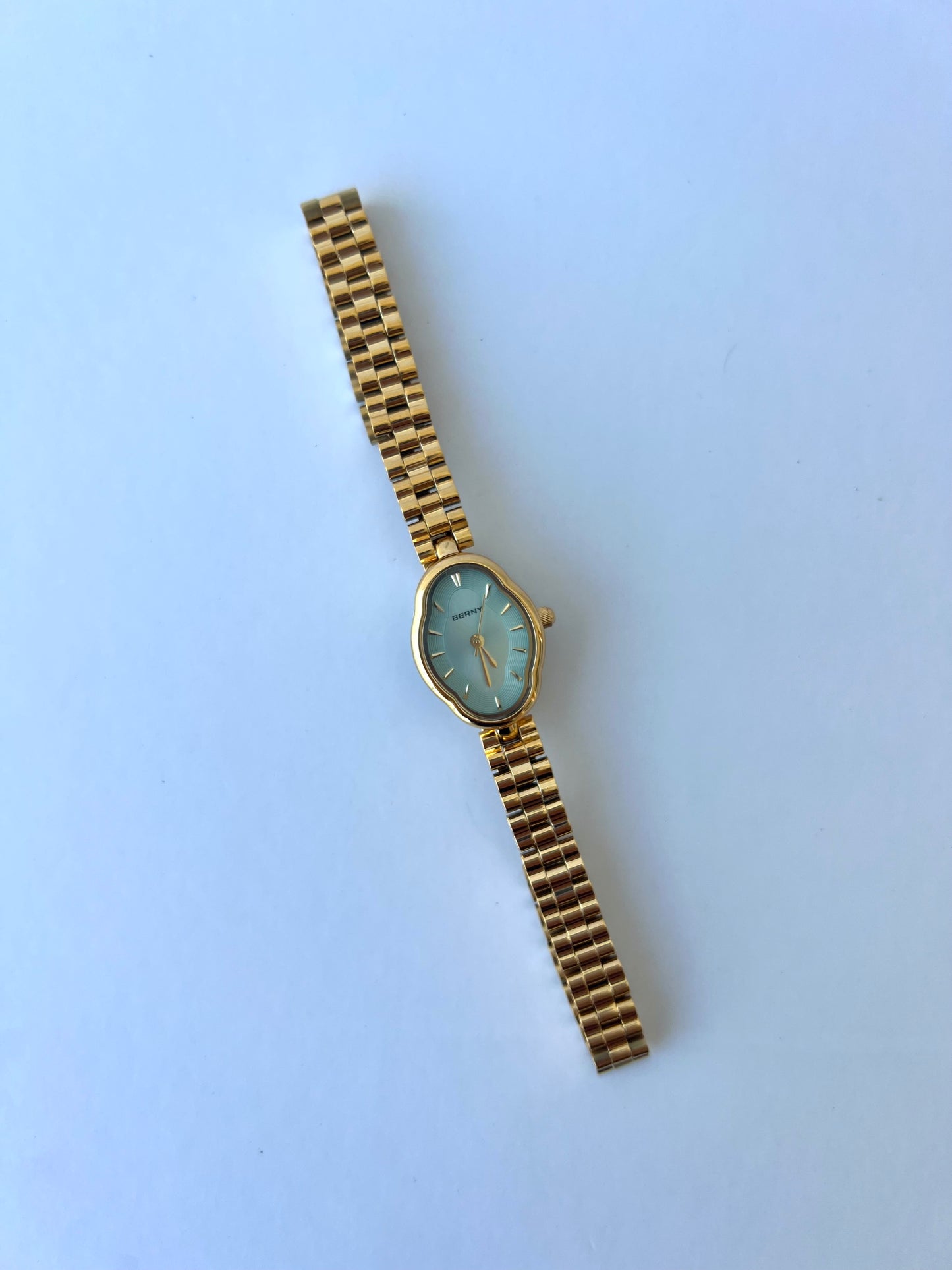 Vintage Oval Flower Blue Minimalist Gold Womens Watch Small Face