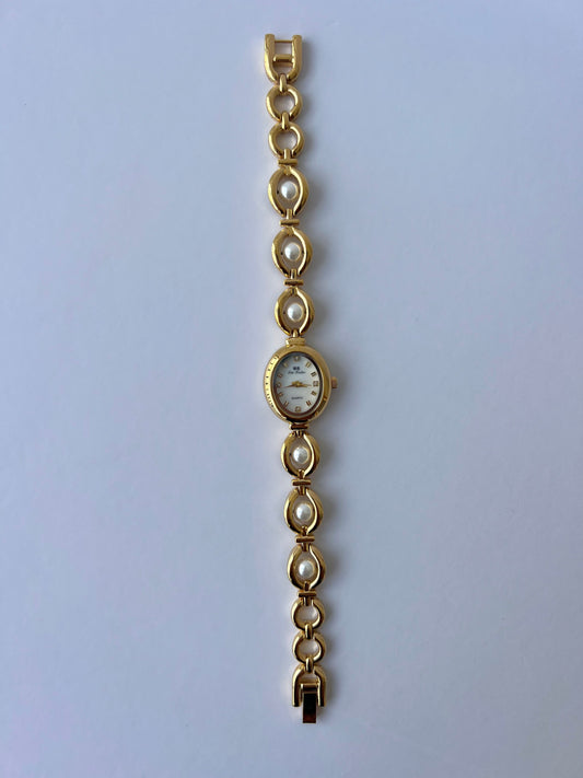 Vintage Pearl Drop Gold Womens Watch Dainty Small Face