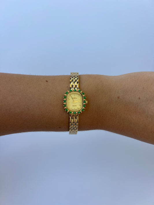 Green Accent Womens Oval Classic Vintage Quartz Watch Wristwatch Gold tone
