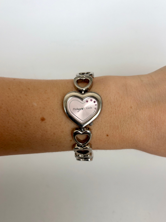 Rare Vintage Silver Heart Details with Pink Dial Womens Watch