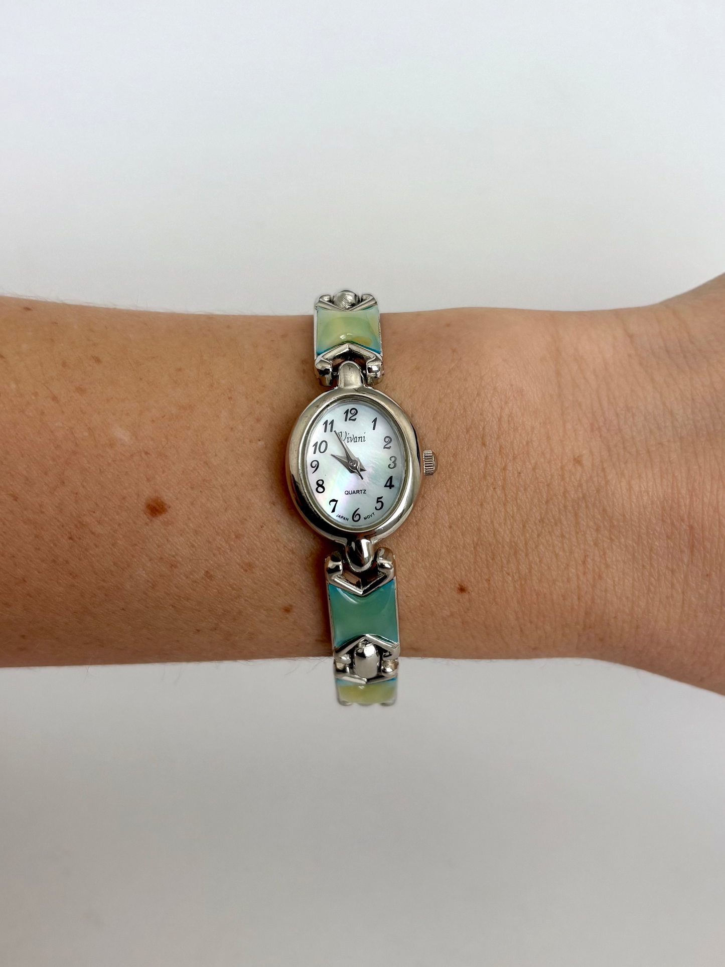 Rare Vintage Silver with Green Detail Womens Watch